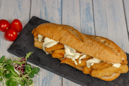 typical squid sandwich with mayonnaise sandwich Madrid, Spainの写真素材