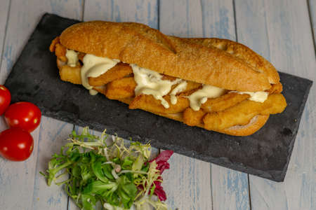 typical squid sandwich with mayonnaise sandwich Madrid, Spainの写真素材