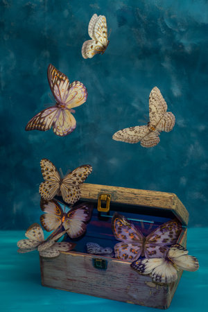artificial butterflies flying on a blue backgroundの写真素材