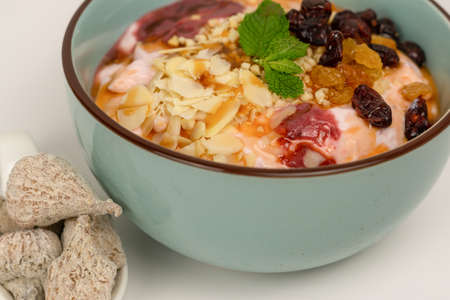 protein yogurt with berries and figsの写真素材