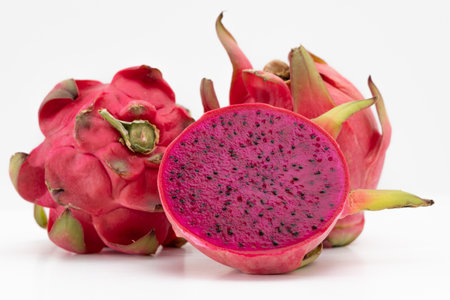 pink pitahaya or dragon fruit isolated on white background with copy-spaceの写真素材