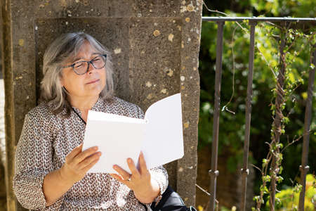 white-haired woman with glasses reading a book in the parkの写真素材