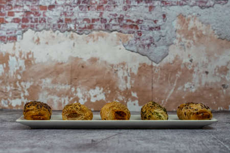 puff pastry salads with different fillings and seeds with copy spaceの写真素材