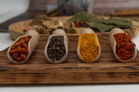 wooden spoons with different types of spices and blurring