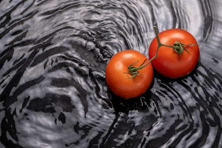 tomatoes falling into the water with waves, black background and copy spaceの写真素材