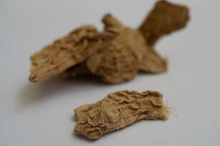 close-up of ginger root isolated on white background with copy space