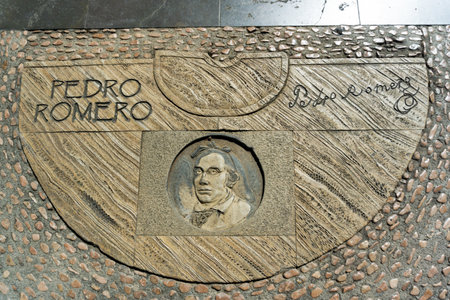round, malaga, spain, june 28th, 2022 plaque of the bullfighter pedro romero on the bullring promenadeのeditorial素材