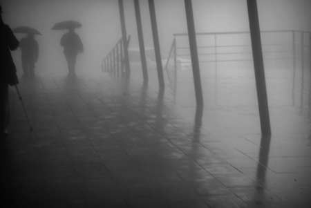 photographing men with umbrellas on a black and white foggy dayの写真素材