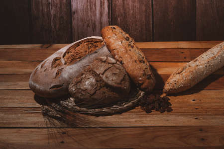 with a background of wood raisins and ears of wheat