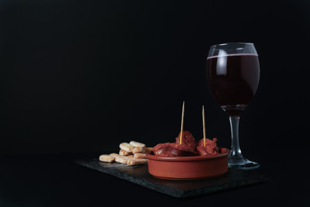 close-up of a tapa of chorizo in sauce, typical Spanish sausage with bread and summer red wine isolated on black backgroundの写真素材