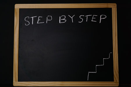 step by step phrase written on a blackboard with chalkの写真素材