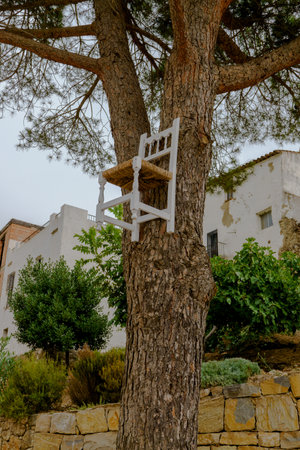 05-10-2022 parauta malaga, curious chair nailed to a tree at the entrance of the villageのeditorial素材