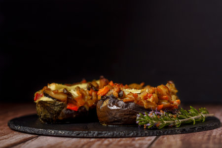 Foreground eggplant stuffed with meat and vegetables covered with bechamel sauce on a black slate on a wooden tableの写真素材