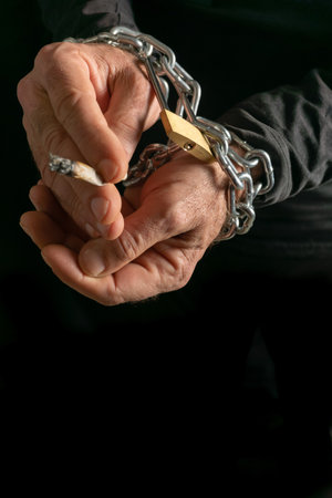 man smoking with chained hands on black background, concept of addiction