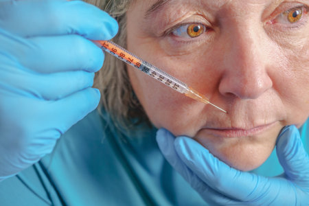 older woman injected into lips Hyaluronic acid ,Woman in beauty salon. plastic surgery clinicの写真素材