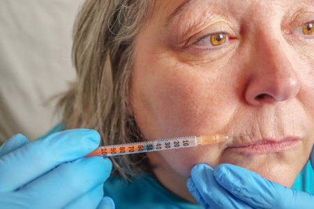 older woman injected into lips Hyaluronic acid ,Woman in beauty salon. plastic surgery clinicの写真素材