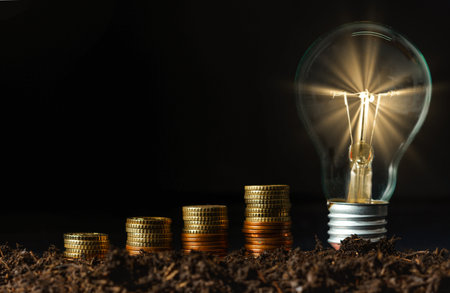 rising piles of coins with lighted light bulb on black background, concept of rising electricity pricesの写真素材