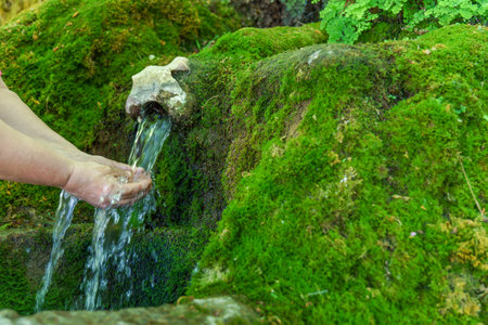 woman catching water with her hands in a spring of crystal clear water covered with moss and ferns...