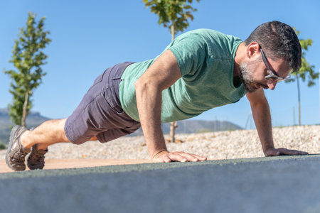 dark-haired man seen in profile with beard and sunglasses doing push-ups on a sloping floor