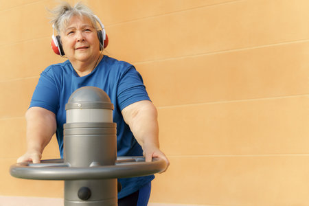 active obese elderly woman in sportswear working out on a gym machine in a park gym while listening to music on headphonesの写真素材