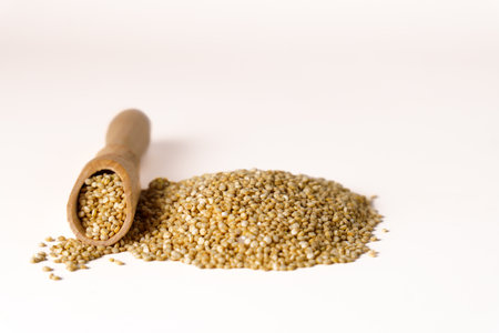 wooden spoon with protein-rich quinoa superfood isolated on white background and copy spaceの写真素材