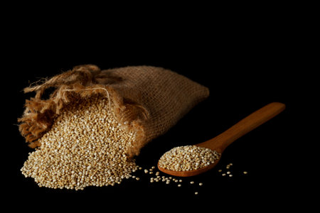 wooden spoon with the protein-rich superfood quinoa and a cloth bag with raw seeds isolated on black background and copy spaceの写真素材