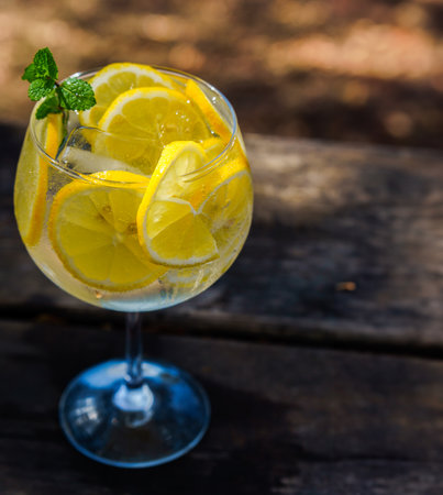 top view of a glass with tonic, ice, lemon slices and mint leaves on a wooden table in the sunlit fieldの写真素材