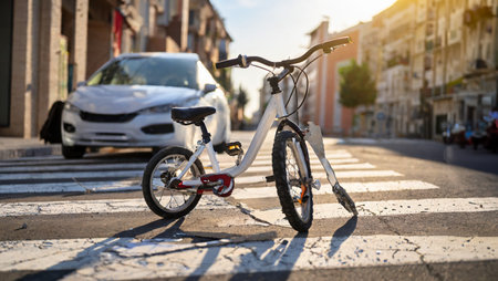 child's bicycle hit by a car at a crosswalk with out-of-focus backgroundの素材