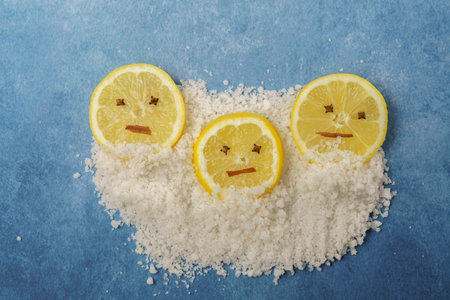 lemon slices with cloves and cinnamon forming a smiley face on a pile of salt and blue background with copy spaceの写真素材