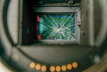 close-up of the sensor of a reflex camera broken by impact