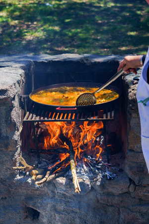close-up of the hand of a cook cooking a typical Spanish paella over a fire in the countrysideの写真素材