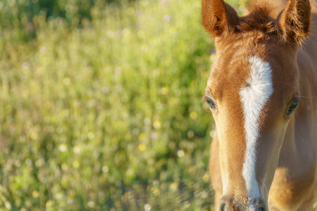 close-up of the head of a small foal seen from profile with a flowery field in the backgroundの写真素材