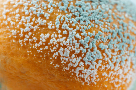 macro photograph detail of a rotten orange with mold isolated on white background and copy spaceの写真素材
