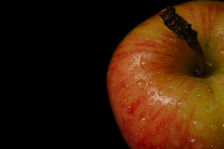 Close-up of a ripe, juicy apple glistening with water droplets against a dark backdropの写真素材