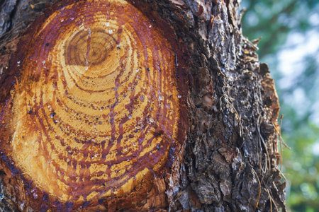 Close-up of golden resin dripping from a pruned pine tree branch, highlighting the tree's natural defense mechanismの写真素材