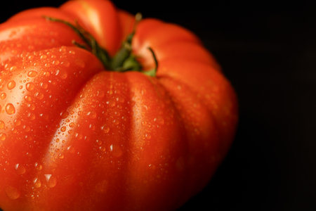 Close-up of a ripe, red tomato glistening with water droplets against a dark backdropの写真素材