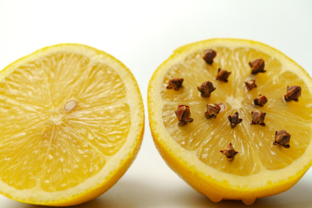 Two lemon halves, one studded with cloves, showcasing a natural insect repellent on a white backgroundの写真素材