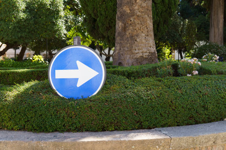 Blue and white mandatory direction traffic sign pointing to the right in a public parkの写真素材