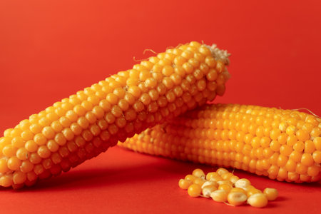 Dried yellow corn cobs and loose kernels representing agriculture and harvest