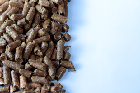 Wood pellets arranged on a white background, symbolizing eco-friendly energy, biofuel, and sustainable heating solutionsの写真素材