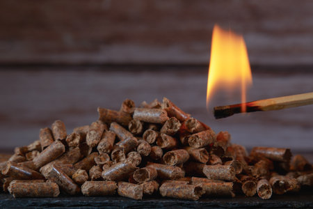 Wood pellets igniting with a burning matchstick, symbolizing renewable energy, sustainable heating, and alternative fuel optionsの写真素材