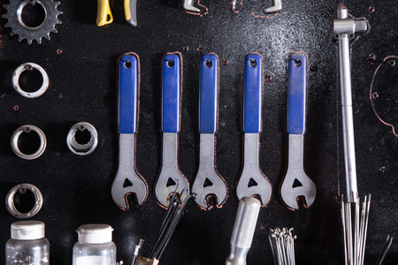 several bike tools in a workshopの写真素材