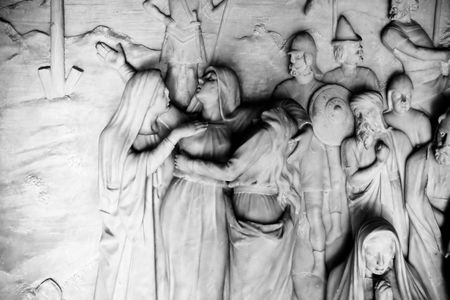 Women suffering scene in the crucifixion, in marbleの写真素材