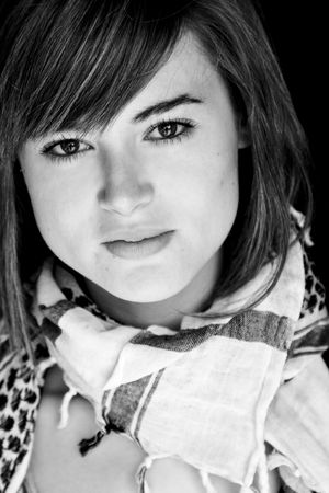Serious young woman, black and white portraitの写真素材