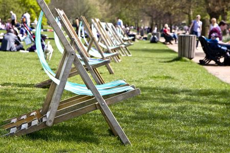 Empty deck chairs at Hyde London Parkの写真素材