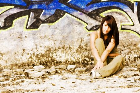 Young woman in casual clothing staring at camera.の写真素材