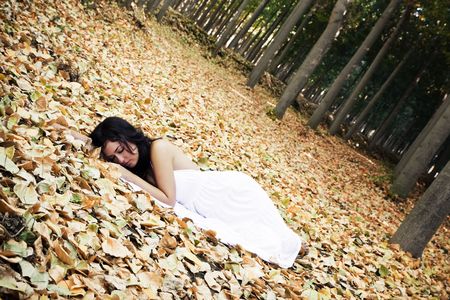 Beautiful woman sleeping over fallen leaves.の写真素材