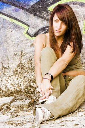 Young woman in casual clothing staring at camera.の写真素材