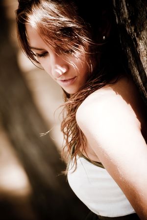Young beautiful closed eyes woman portraitの写真素材