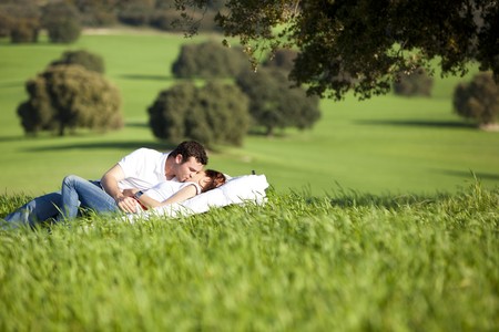 Young couple enjoying outdoors on nature.の写真素材